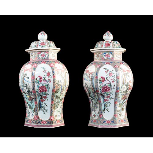 Pair of Chinese export porcelain famille rose vases of octagonal section